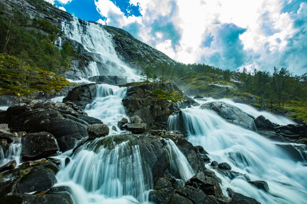 Closeup view of the majestic Langfoss Waterfall