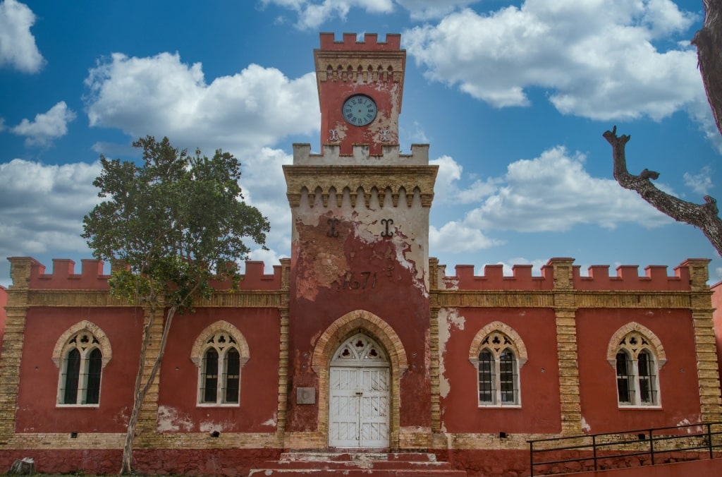 Red facade of Fort Christian in Charlotte Amalie Historic District