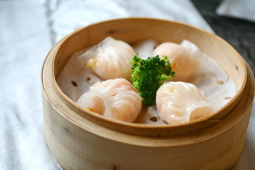 Shrimp dumplings in a hakaw bowl