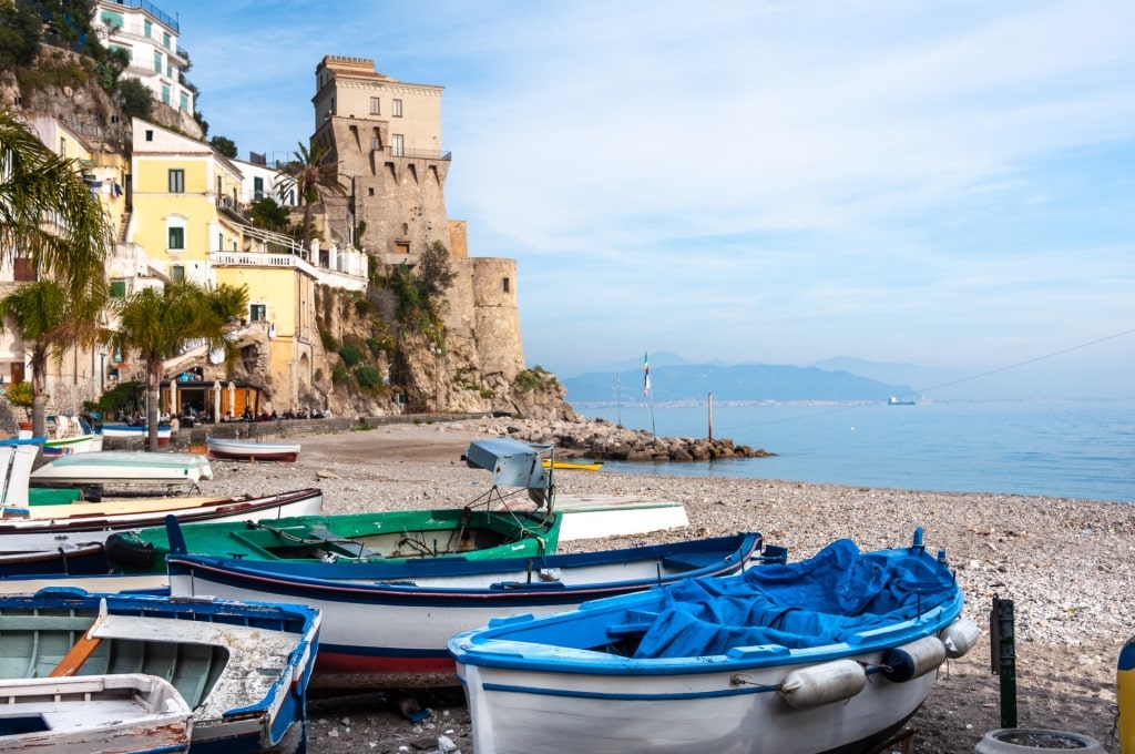 Boats docked on Spiaggia Del Lannio, Cetara