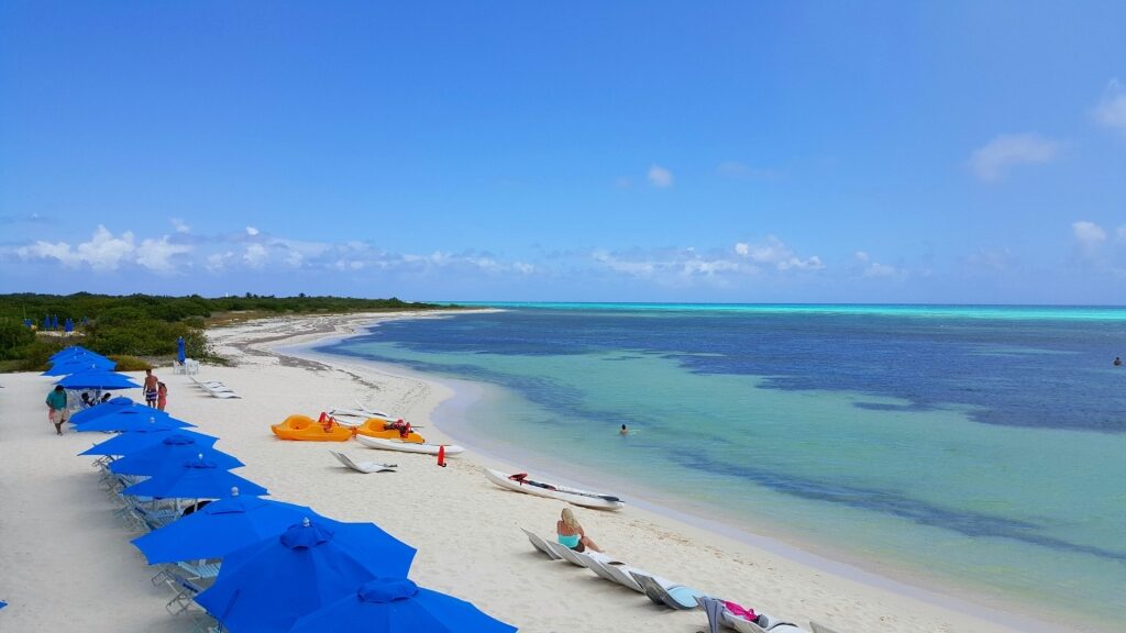 Long stretch of sand of Punta Sur Eco Beach Park, Cozumel