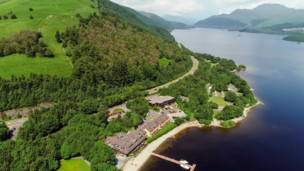 Aerial view of Luss Village by the water