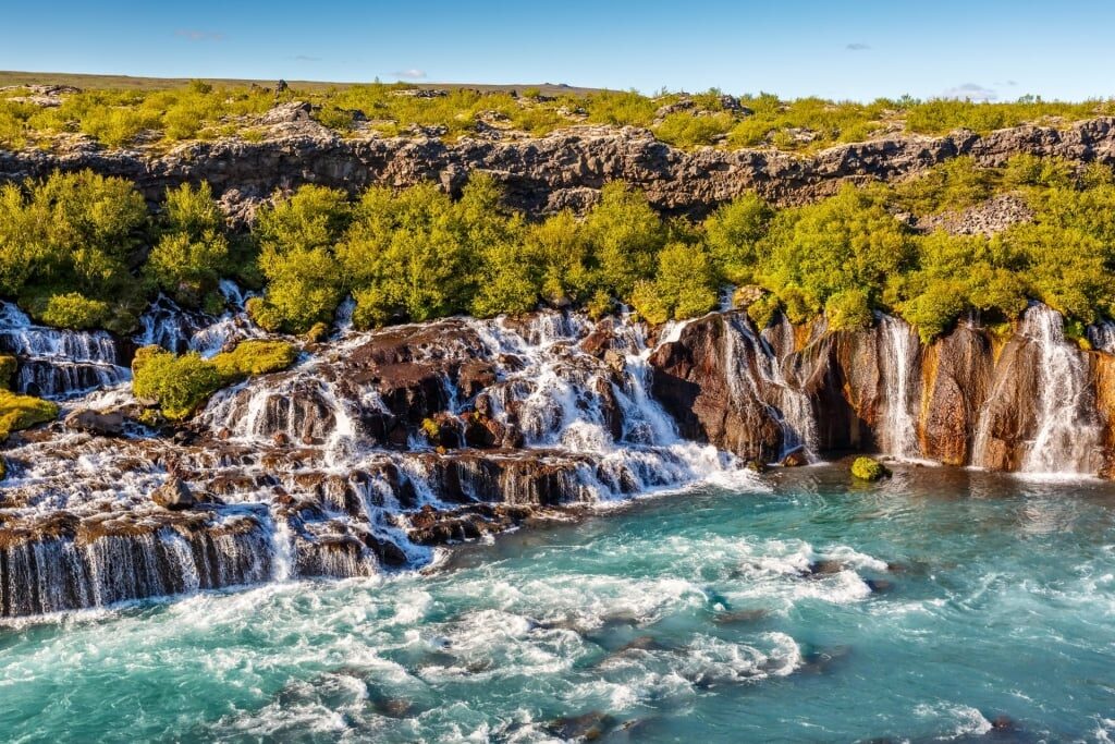Scenic landscape of Hraunfossar waterfalls, Iceland