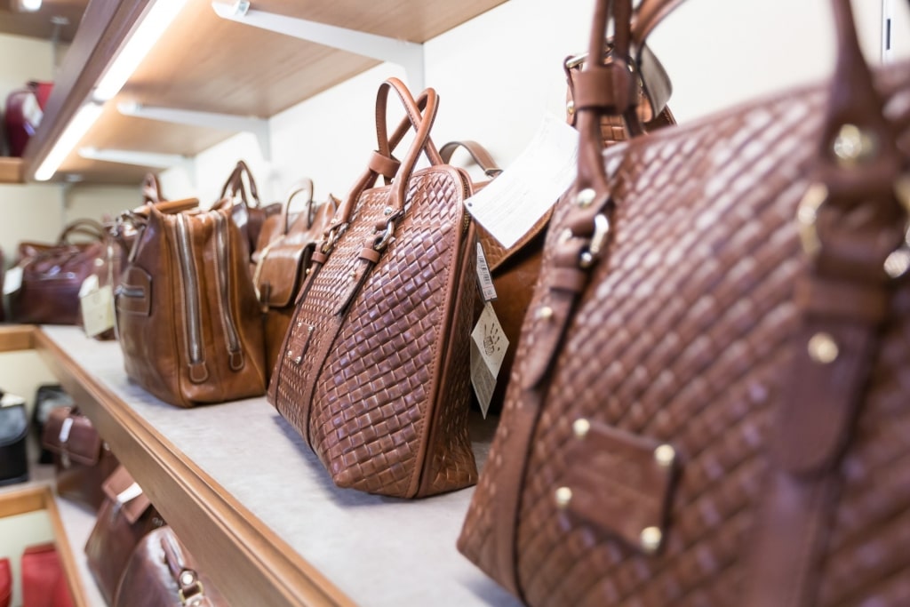 Leather bags inside a store in Florence