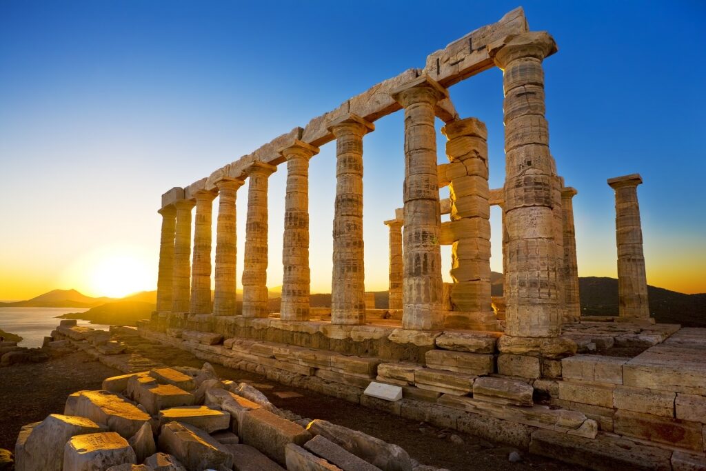 View of Cape Sounion at sunset