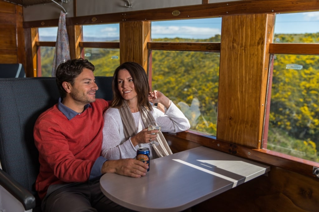 Couple aboard Taieri Gorge Railway