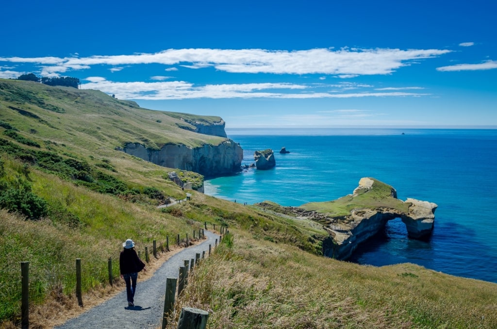 View of Tunnel Beach with famous limestone arch