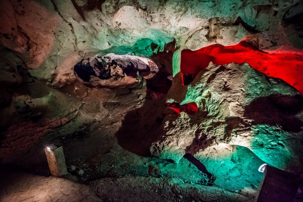 Colorful lights inside the Green Grotto Caves, Discovery Bay