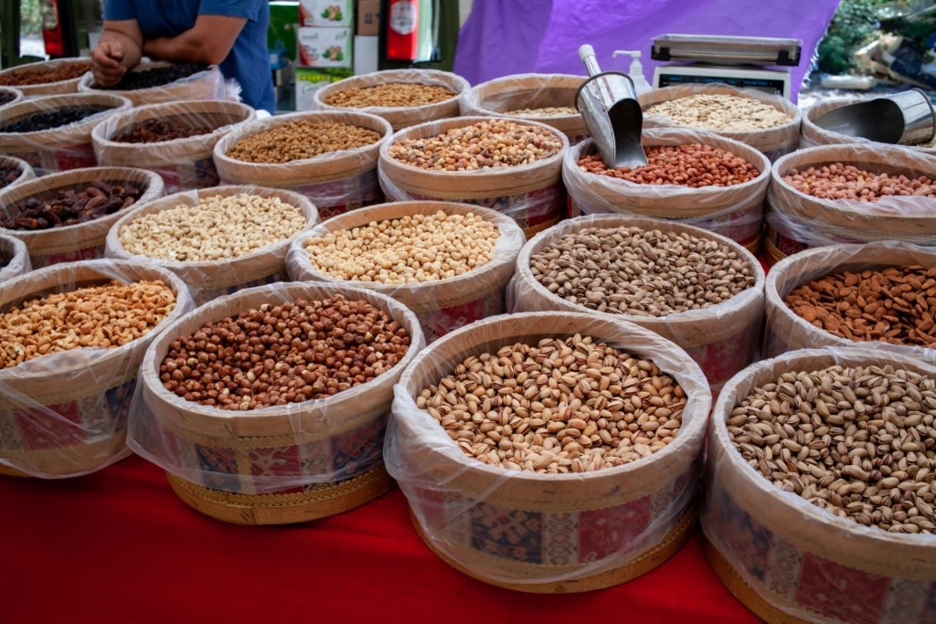 Baskets of pistachios and other nuts