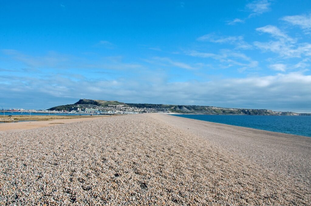Pebbly beach of Chesil Beach in Dorset, England