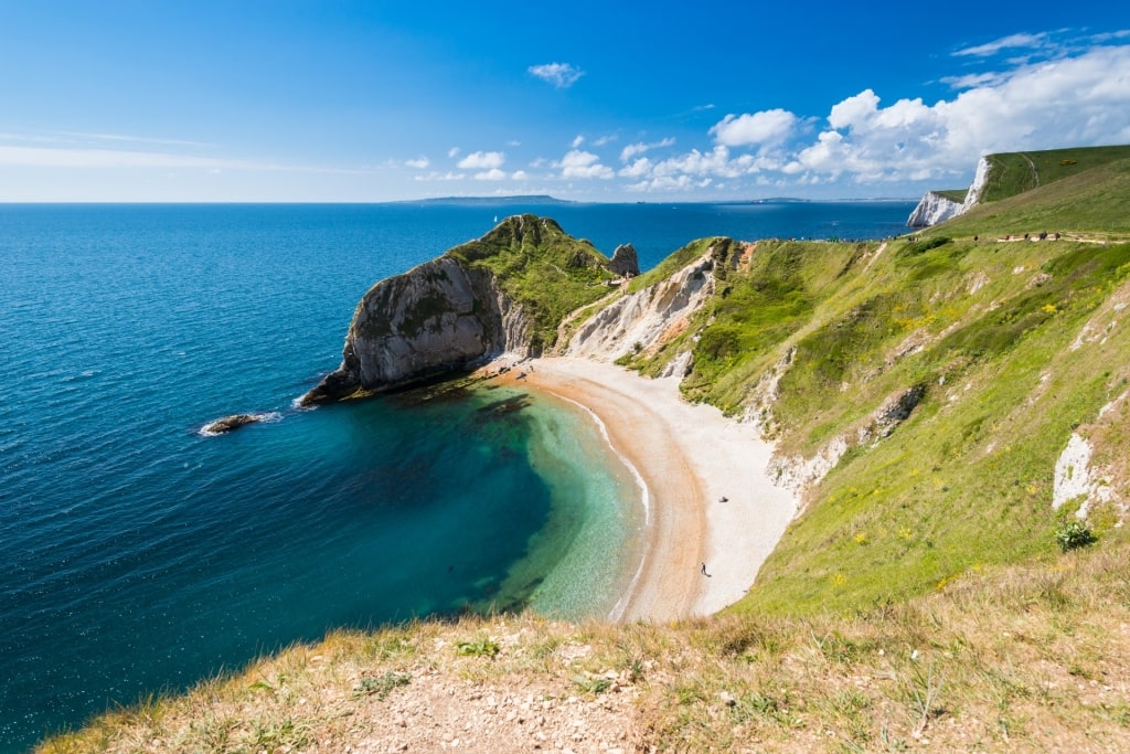 Aerial view of Man'O War Beach in Dorset, England