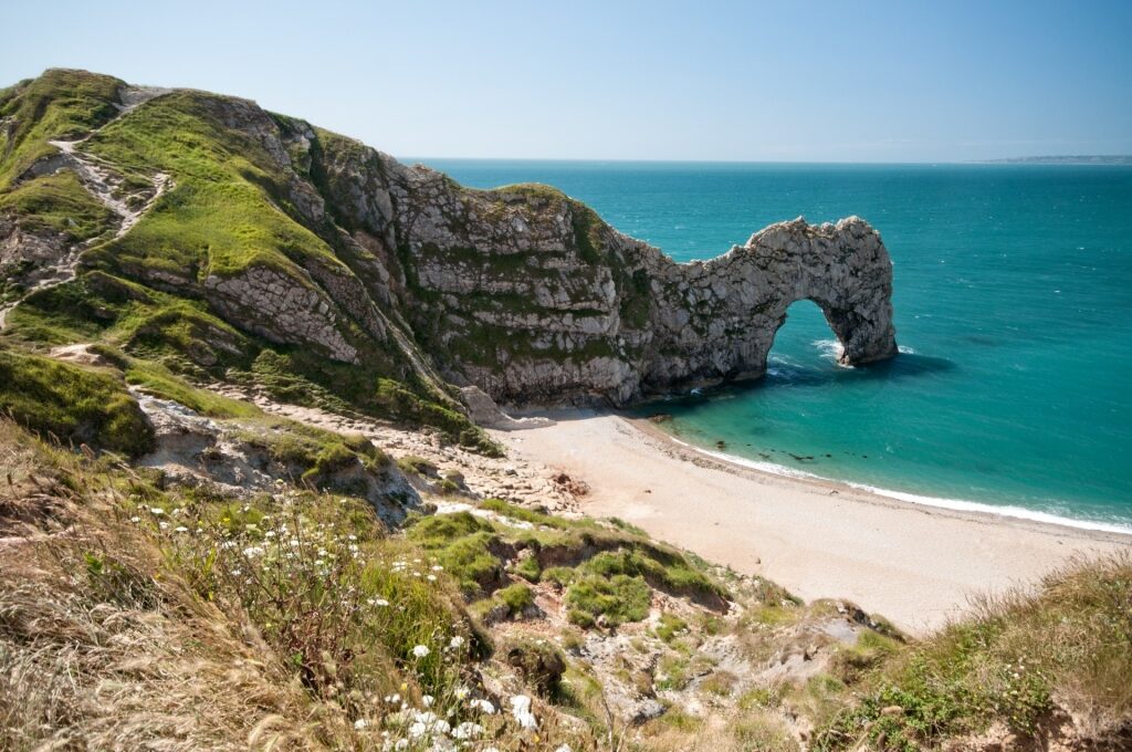 View of Durdle Door in Dorset, England from the cliff