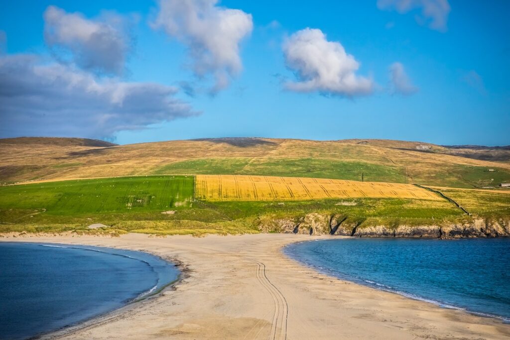 Sandbar of St. Ninian’s Beach in Shetland, Scotland