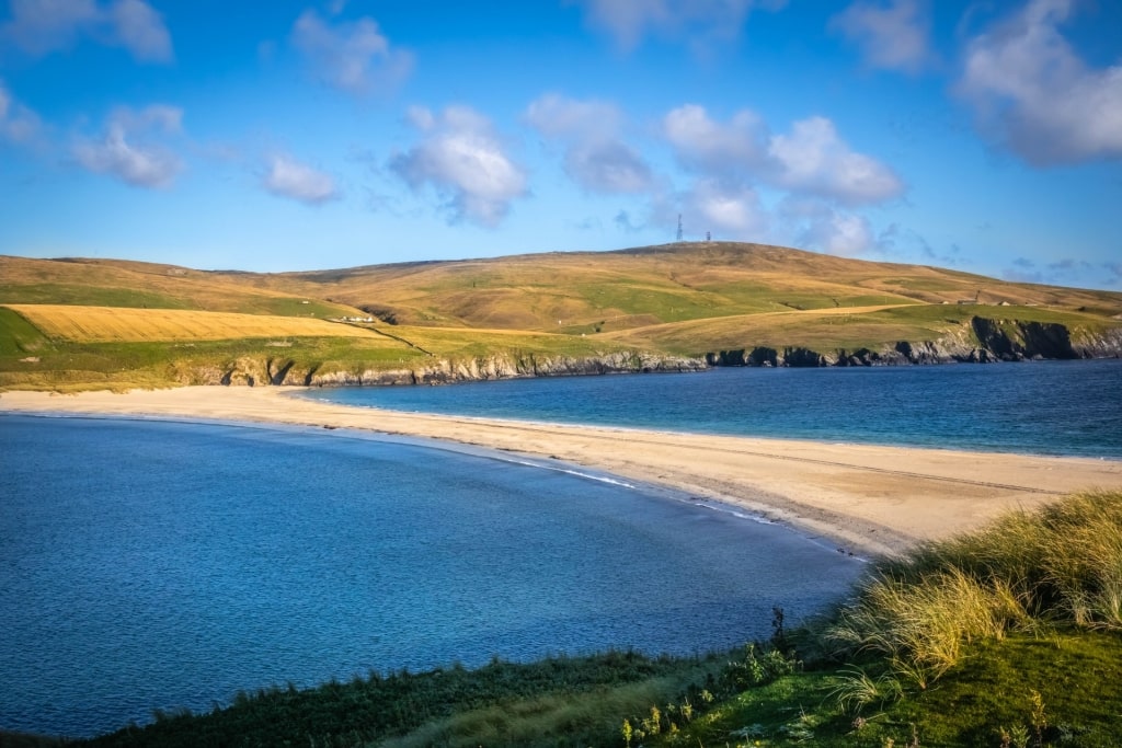 Aerial view of St. Ninian’s Beach in Shetland, Scotland