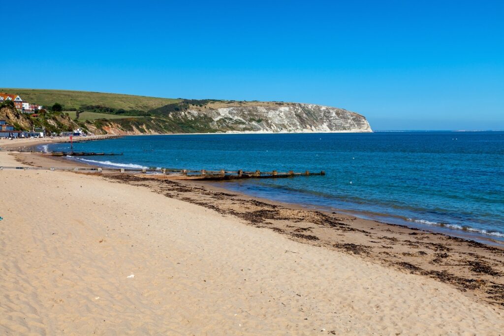 Pretty shoreline of Swanage Beach, Dorset, England