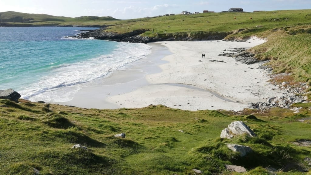 Aerial view of The Sands of Meal, Shetland, Scotland