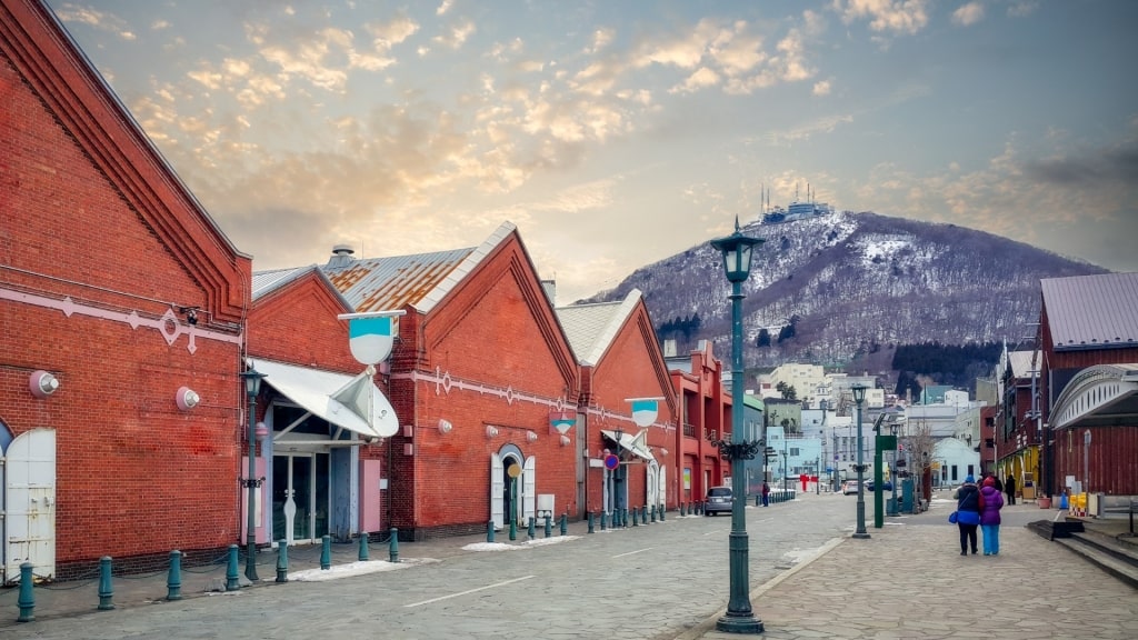 View of Mt. Hakodate with red brick warehouses