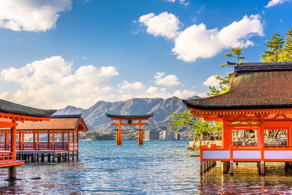 Itsukushima Shrine with bright orange torri