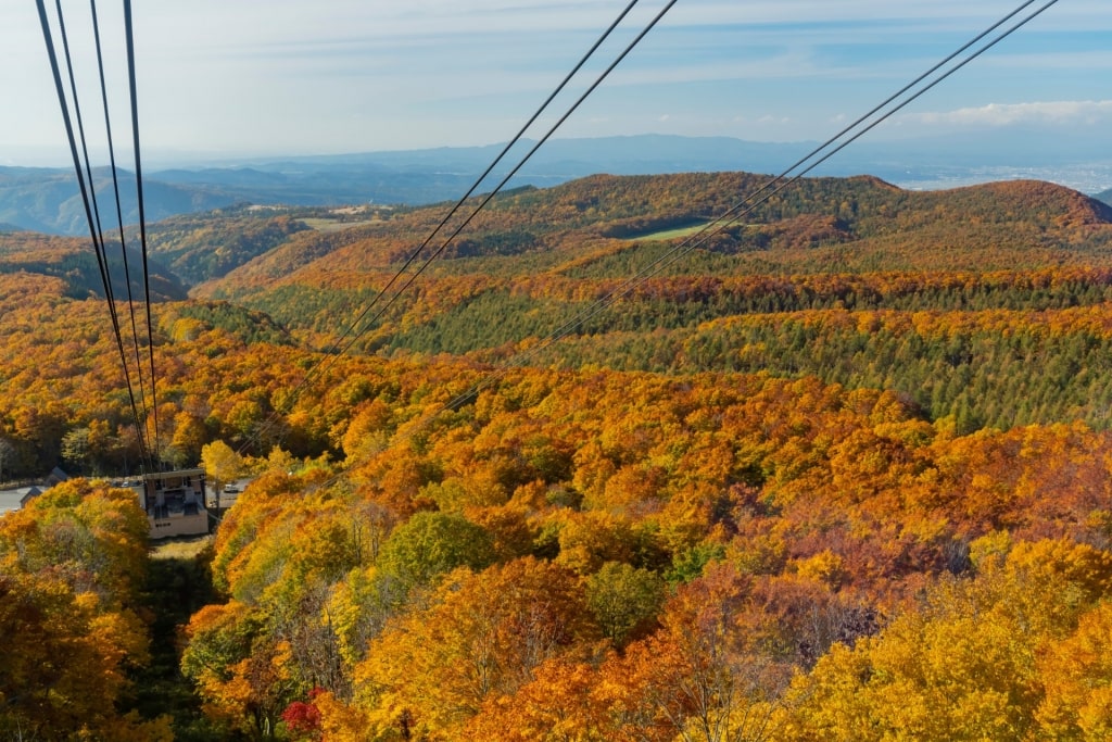 Fall foliage in Japan with view of Hakkoda Ropeway