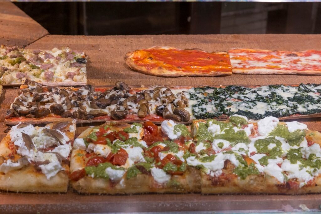 Different flavors of pizza in Antico Forno Roscioli, Rome