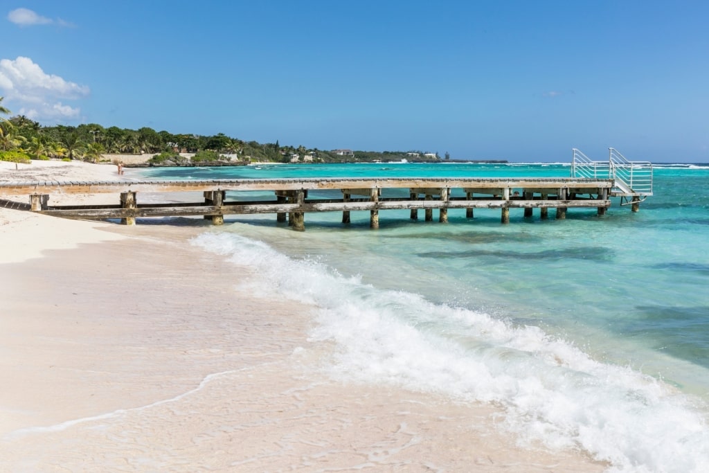 White sands of Spotts Public Beach with boardwalk