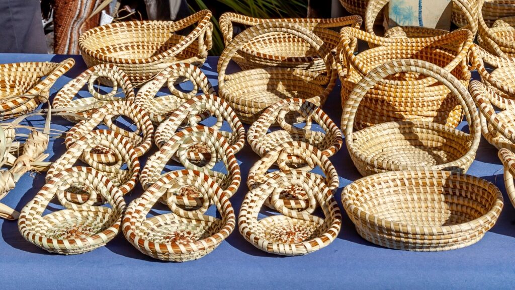Sweetgrass baskets at a market in Charleston