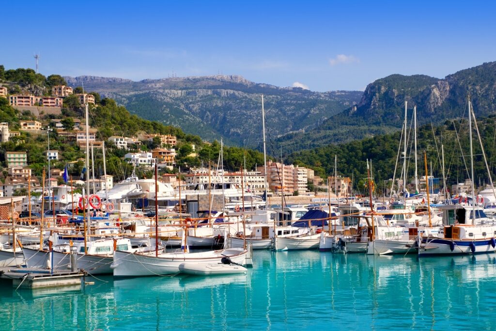 Waterfront of Soller, Mallorca with mountains as backdrop