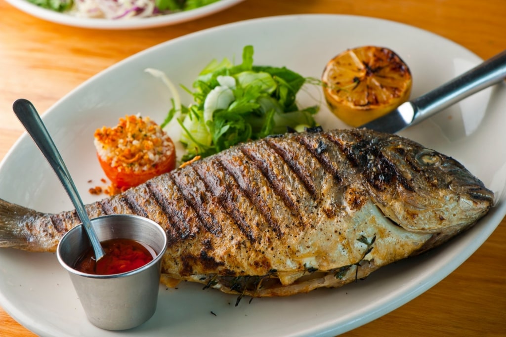 Plate of grilled sea bream