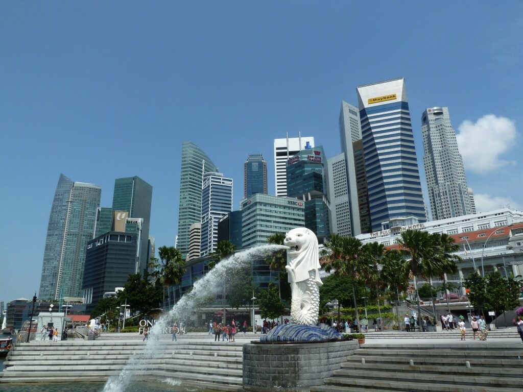 View of Merlion Park with buildings