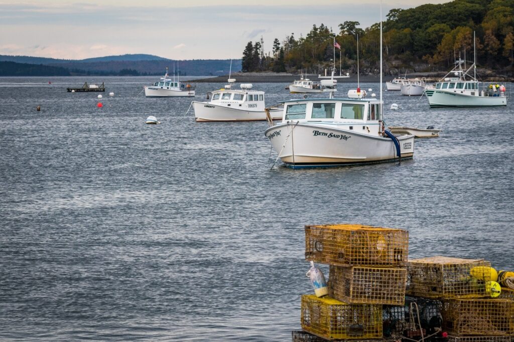 Lobster boats along Bar Harbor, Maine