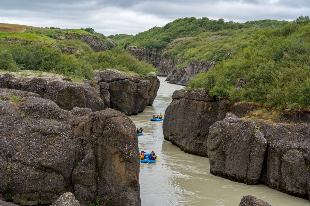 People rafting in Hvitá River, Iceland