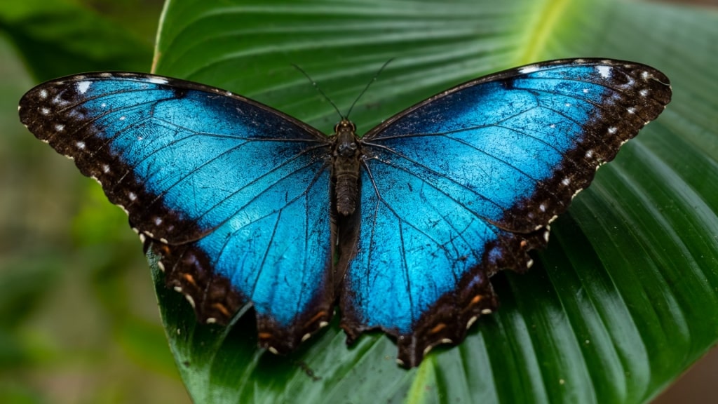 Blue morpho butterfly on a leaf