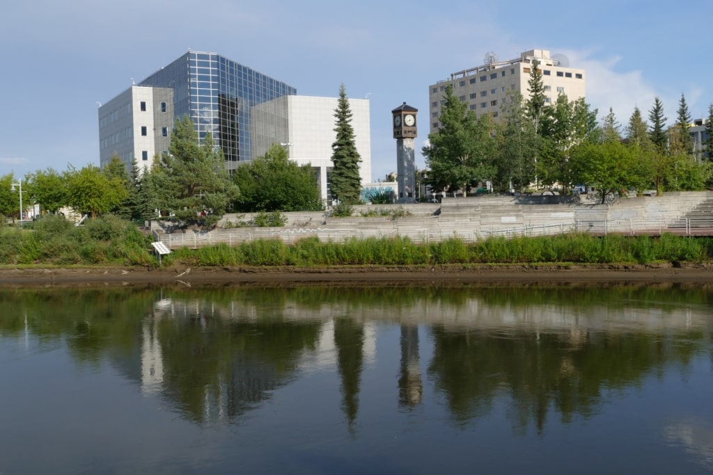 View of Golden Heart Plaza from the water with clock tower