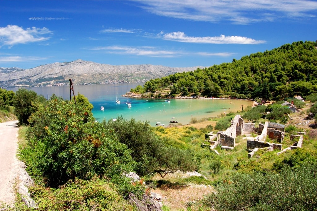 Lovrečina Beach, Brač Island with view of the basilica ruins