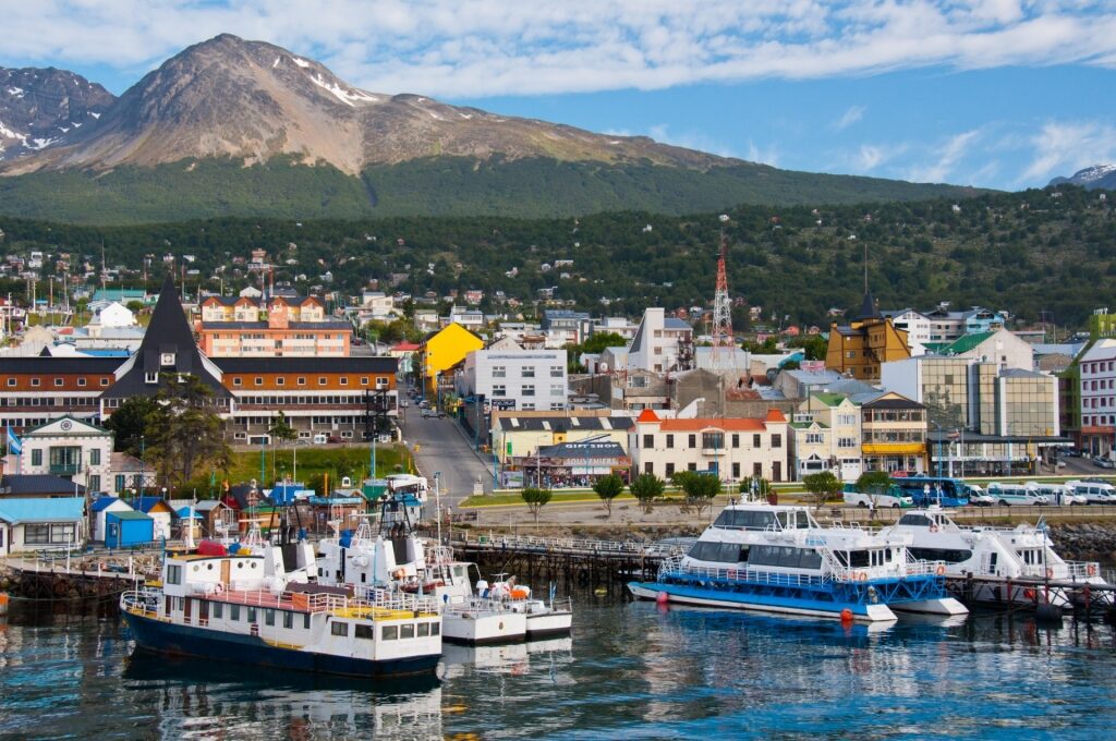 Colorful waterfront of Ushuaia Harbor