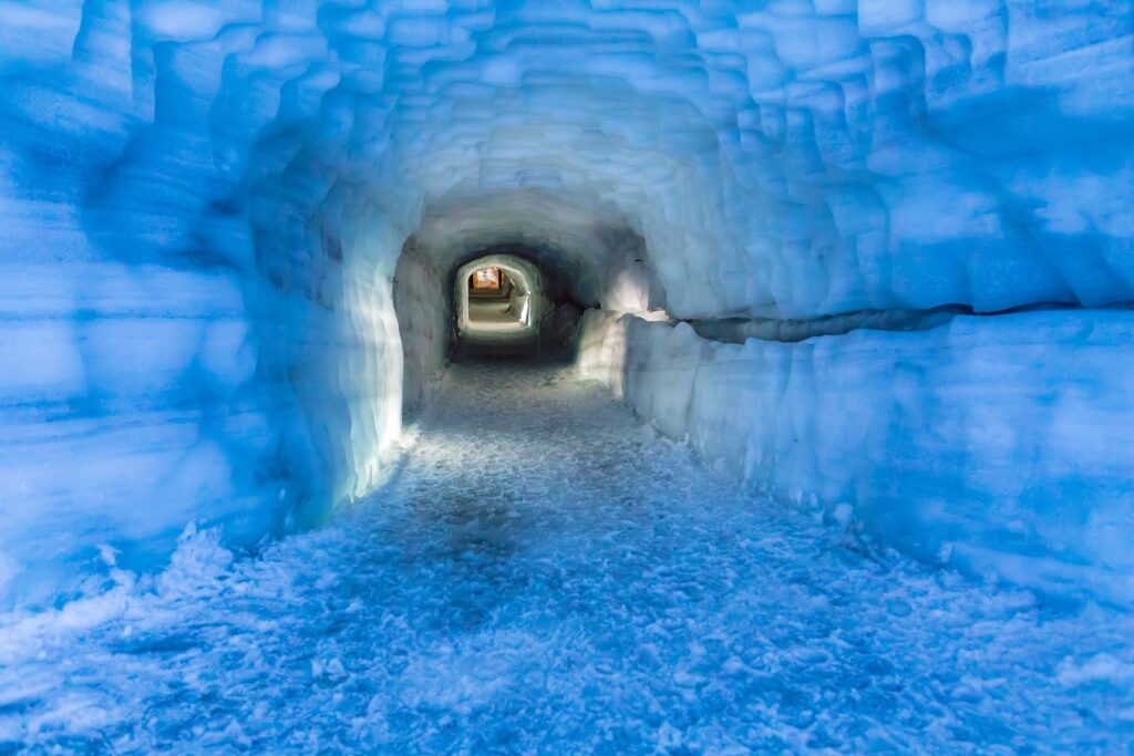 Icy interior of Langjökull Ice Cave, Iceland