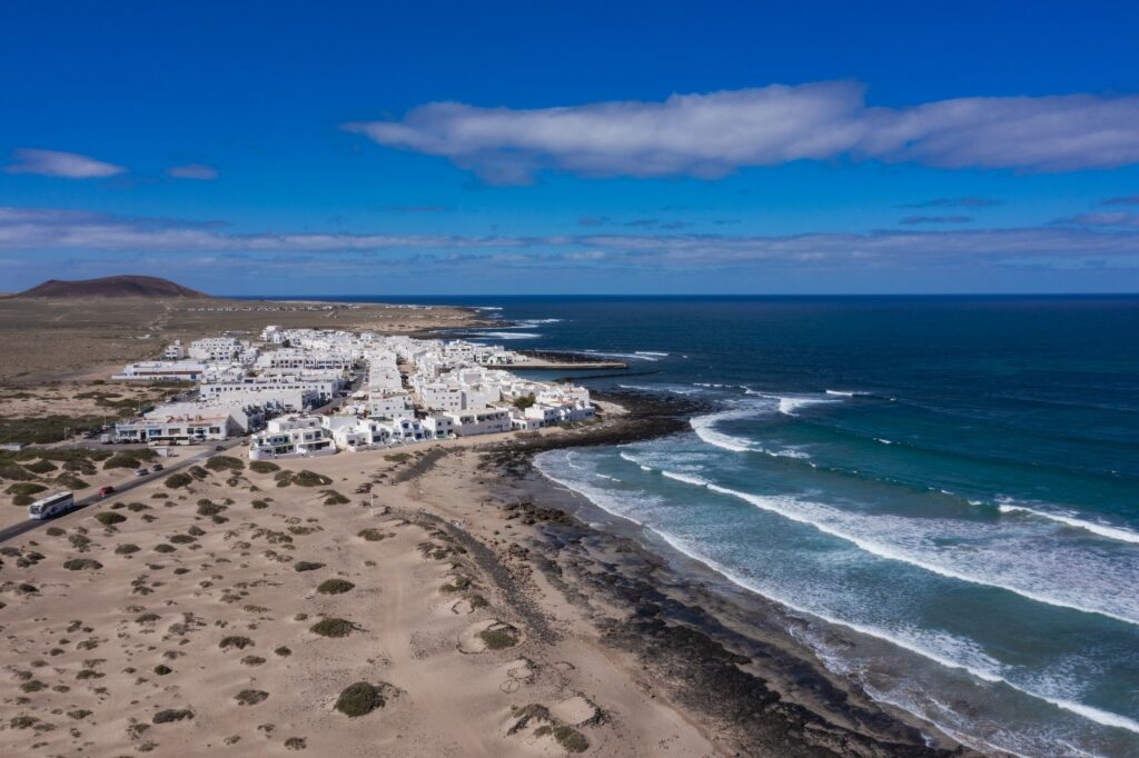 Aerial view of Caleta de Famara in Lanzarote, Canary Islands