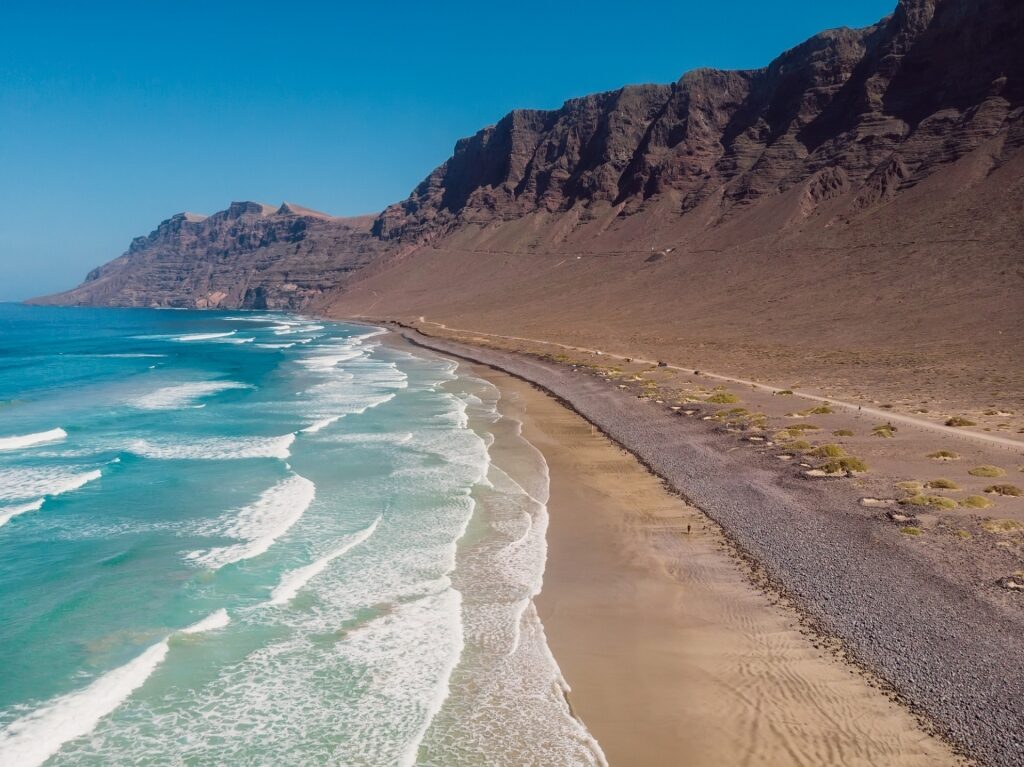 Sandy beach of Famara Beach in Lanzarote, Canary Islands