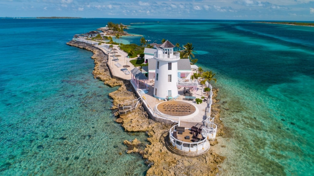 Aerial view of Pearl Island with lighthouse