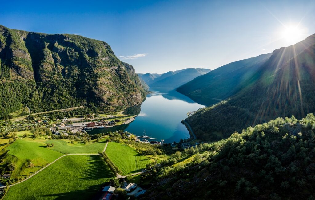 Aerial view of Flam with Aurlandsfjord