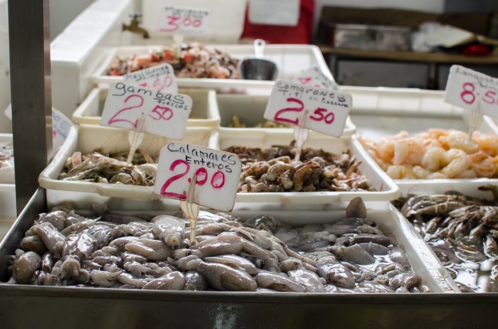 Seafood inside the Mercado de Mariscos