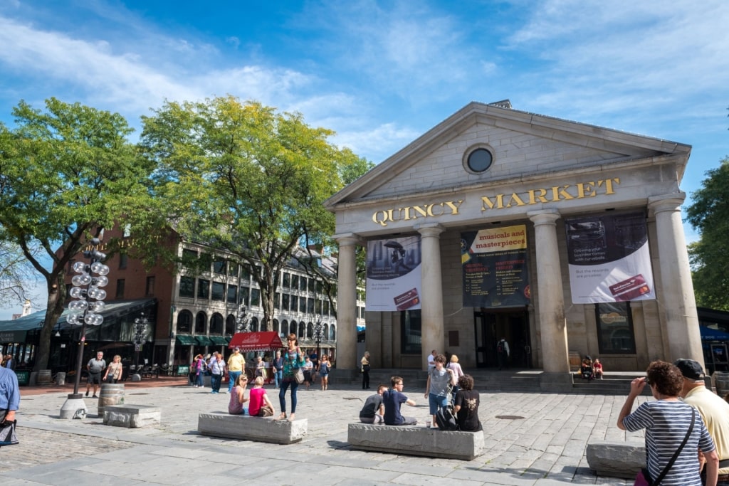 Busy street including Quincy Market in Boston