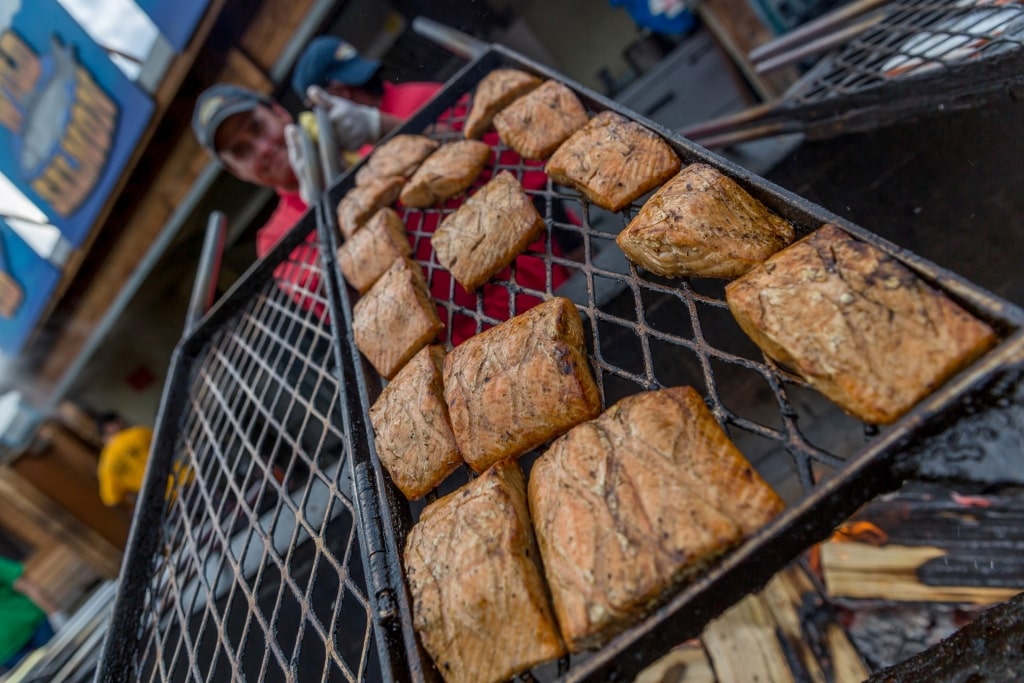 Grilling salmon in Alaska