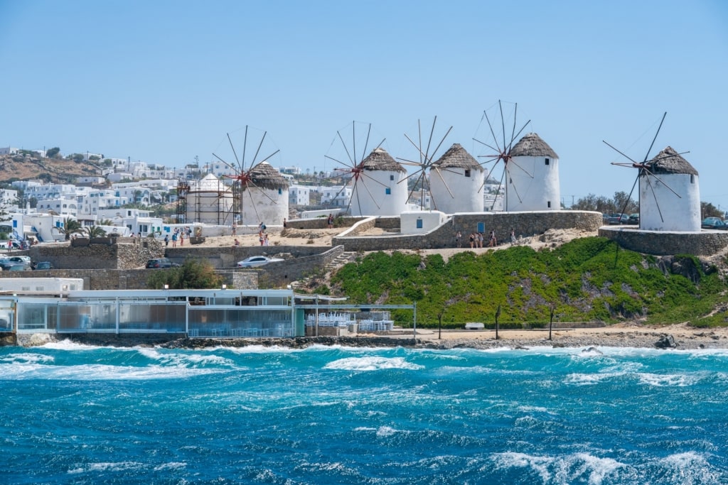 Windmills in Little Venice in Mykonos, Greece