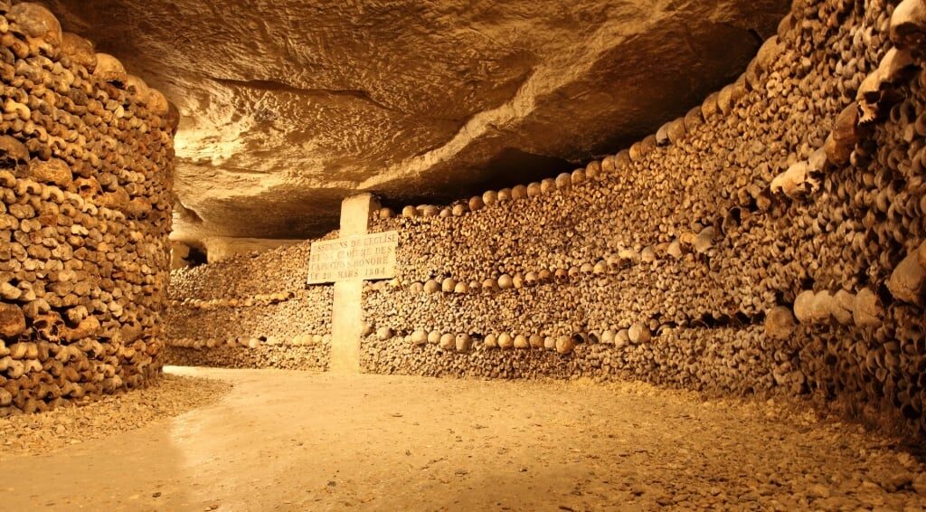 Eerie view of Paris Catacombs