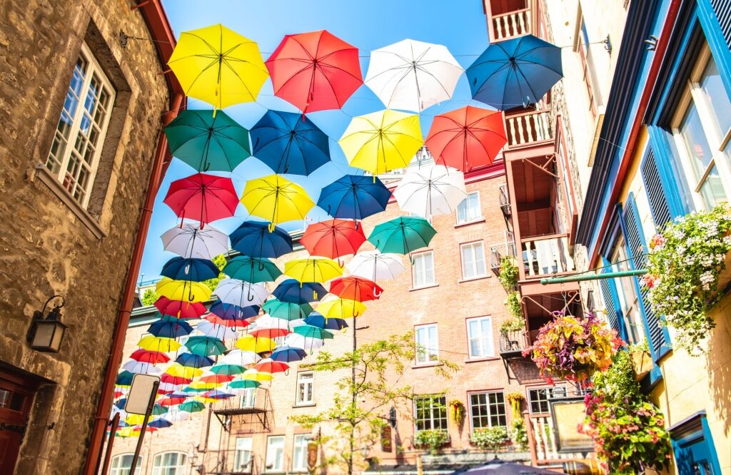 Umbrellas lined on Quartier Petit Champlain
