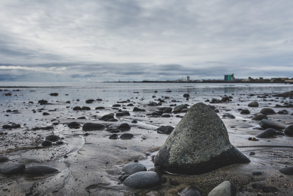 Gloomy day at the Langisandur Beach, near Reykjavik