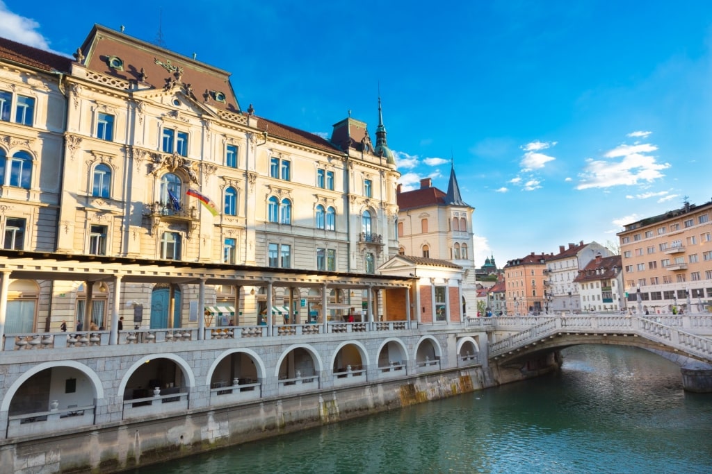 View of Central Market, Ljubljana with bridge