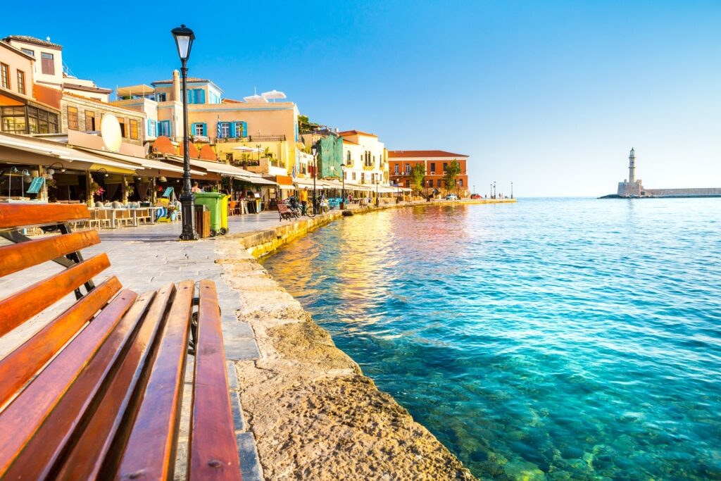 Restaurants lined up on Chania Harbor, Crete