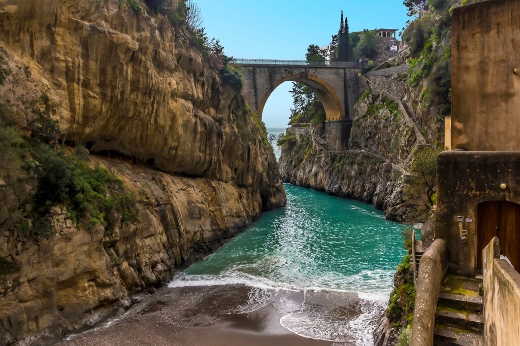 Bridge with beach and Furore Fjord, Amalfi Coast